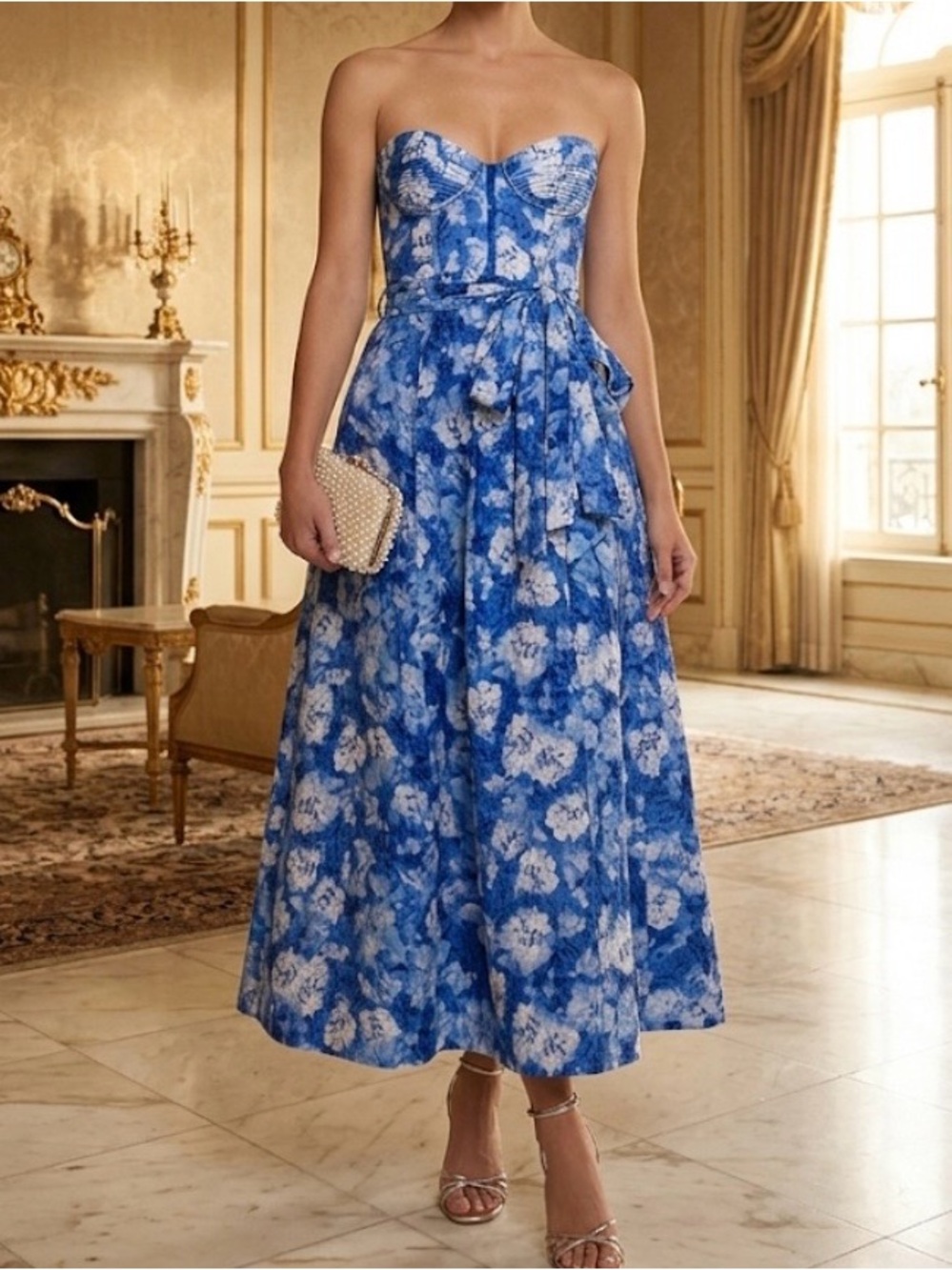 Bardot Blue Floral Strapless Midi Dress with Tie Waist